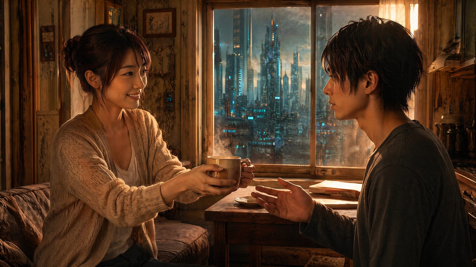 朝の窓辺。湯気の立つカップを両手で包む、神代ヒロの恋人アナの後ろ姿。やわらかな光