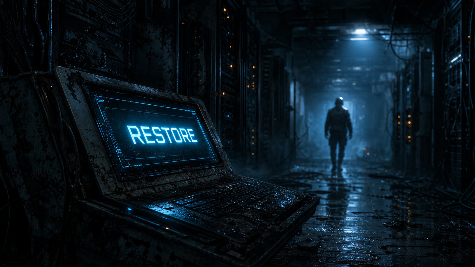 CODE-X 第2話: 地中深くの旧式研究区画、青い RESTORE コマンドが点滅するコンソール