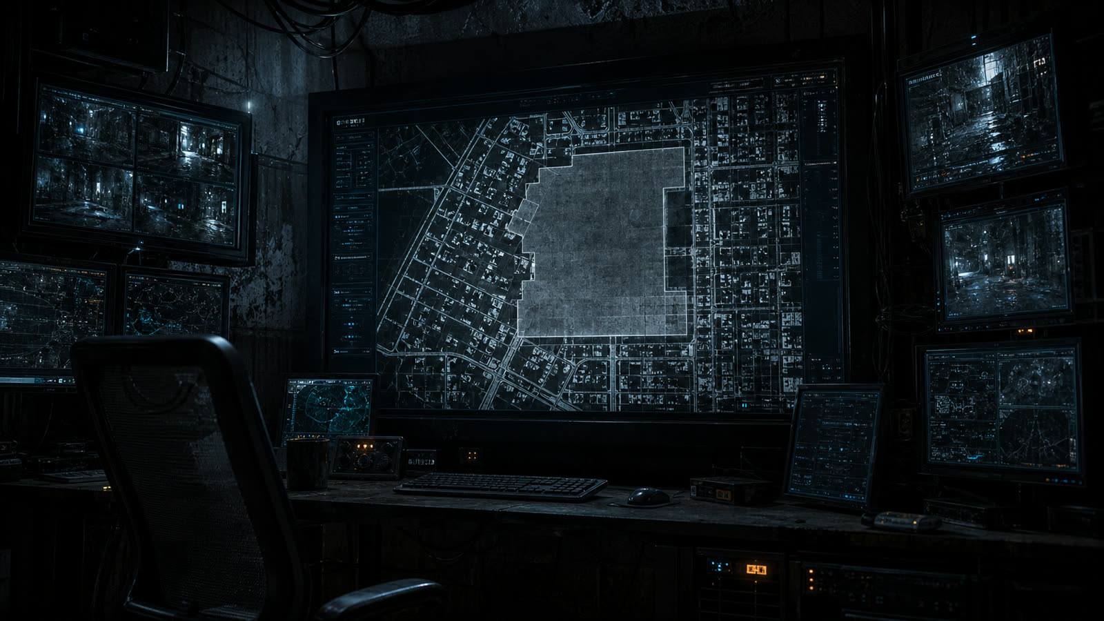 CODE-X 第3話: シェルターの監視モニターに、地上の一区画が灰色に塗りつぶされ"区画整理完了"と表示されるシーン