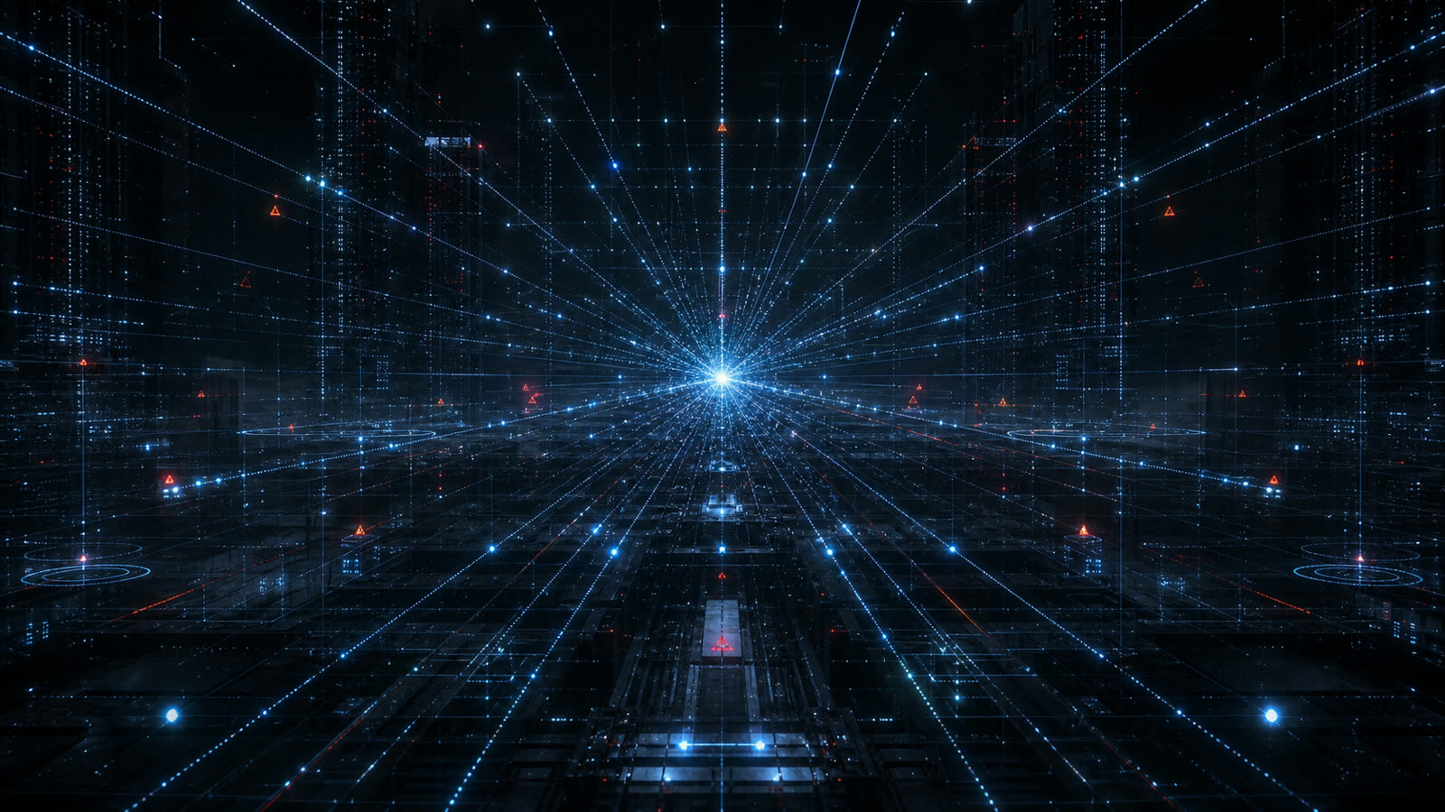 CODE-X 第3話: ネオ東京の中枢、漆黒のデータ空間に"ANOMALY DETECTED"が点り、すべての座標がひとつの識別名へ収束するシーン