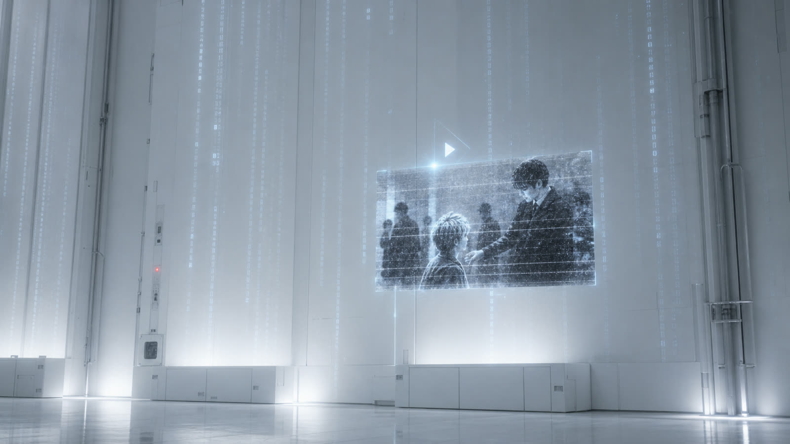 CODE-X 第5話: 壁の記録の隅に小さな再生アイコン。粗くノイズの走る数十秒のアーカイブ映像