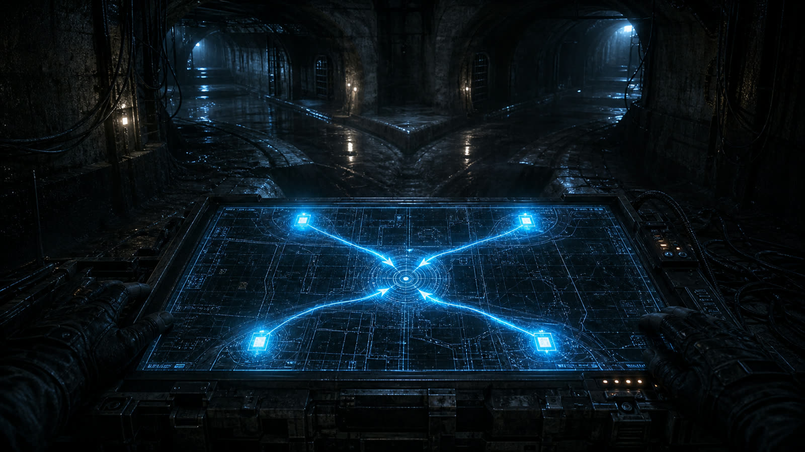 CODE-X 第6話: 暗渠の合流点。四つの通信光点が地図上に灯る、四つの矢がひとつの的を指す
